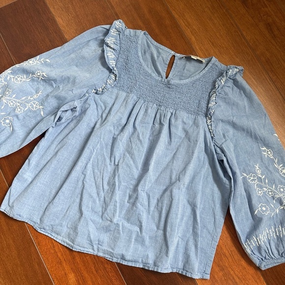 LOFT Embroidered Smock Light Blue Long Sleeve Blouse Size Large Petite - Picture 1 of 6